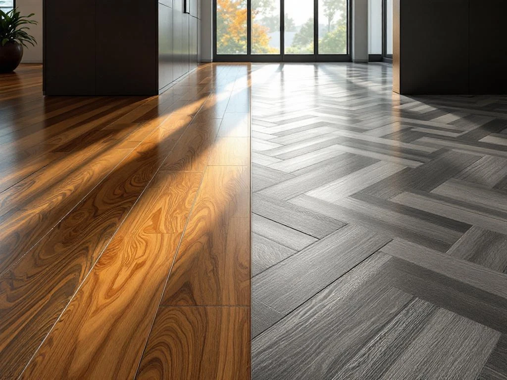 2026 vloertrends vergelijking: warme honingtint hardhouten planken links, moderne grijze luxe vinylplanken rechts