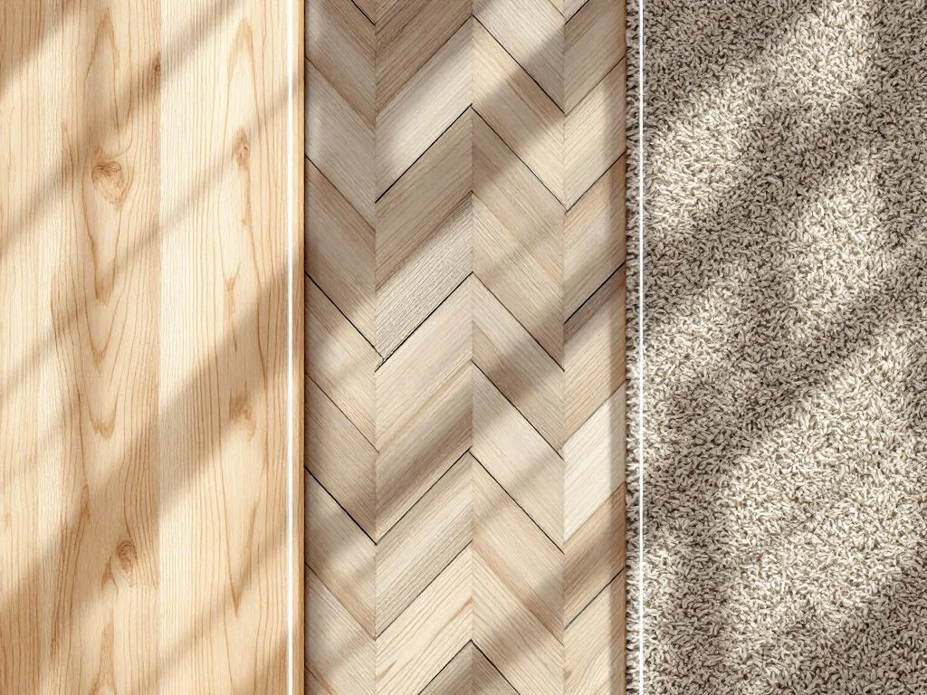 Betaalbare vloerbedekkingsopties: laminaat, vinyl tegels in visgraatpatroon en tapijt met prijslabels