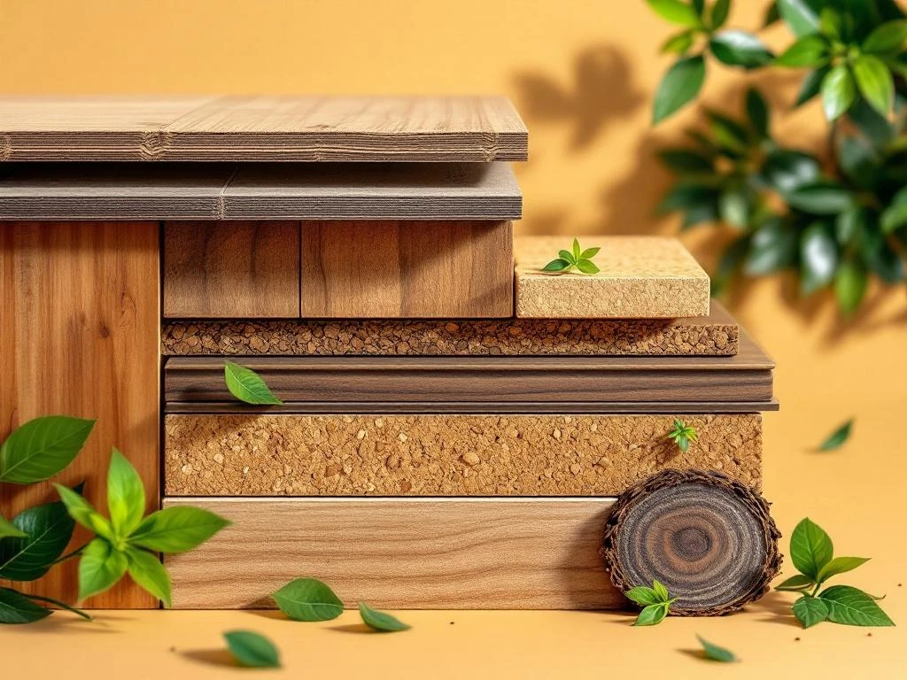 Dwarsdoorsnede van duurzame vloermaterialen: bamboe, kurk, gerecycled hardhout en eco-laminaat met natuurlijke texturen