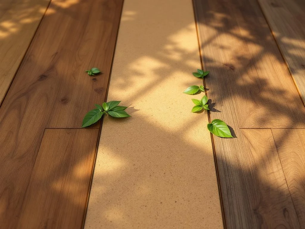 Drie milieuvriendelijke vloertypen: bamboe, kurk en gerecycled hardhout met natuurlijke texturen en groene planten