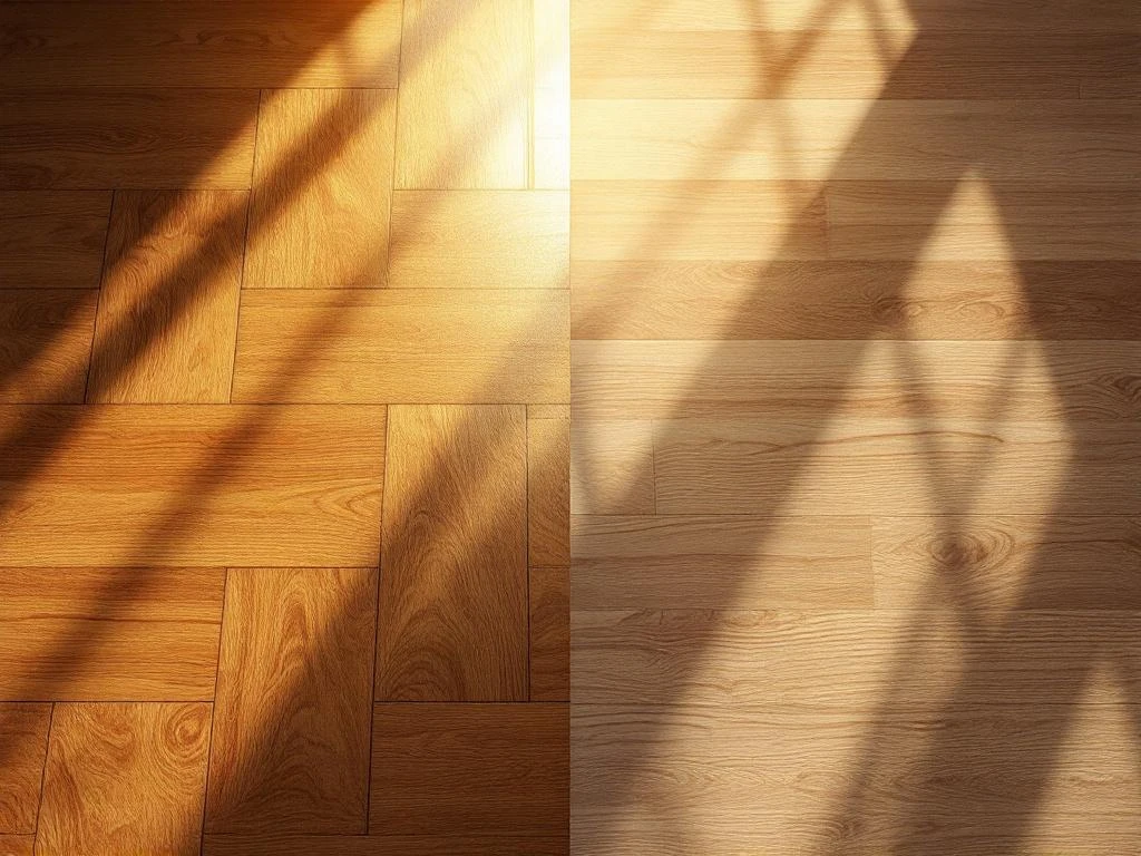 Vergelijking van elegante eiken houten vloer met natuurlijke nerven versus kunstmatige laminaatvloer met vlakke textuur
