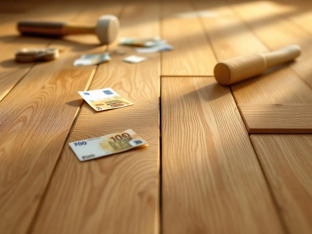 Premium eiken parketvloer installatie met professionele gereedschappen en euro bankbiljetten op houten planken