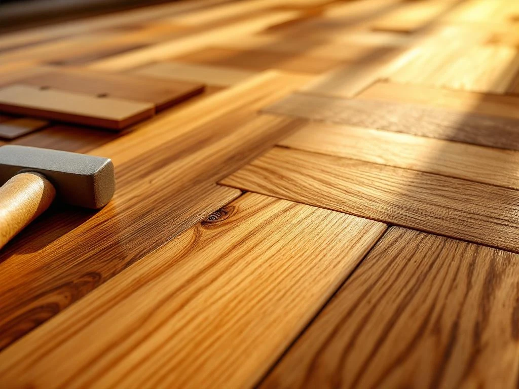 Eiken parketvloer in visgraatpatroon met installatietools, warme houtstructuren en professionele verlichting