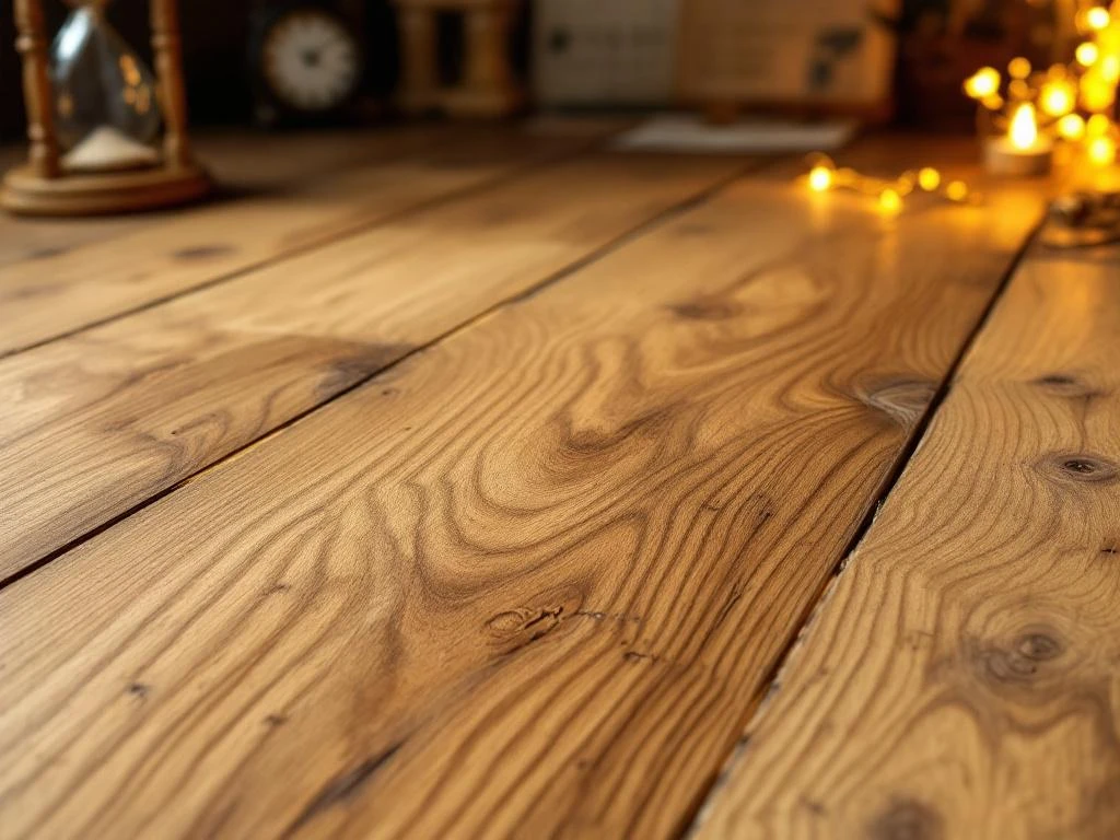 Doorsnede van premium eiken vloerplanken met natuurlijke nerftextuur en honinggouden tinten, verlicht door warm licht.