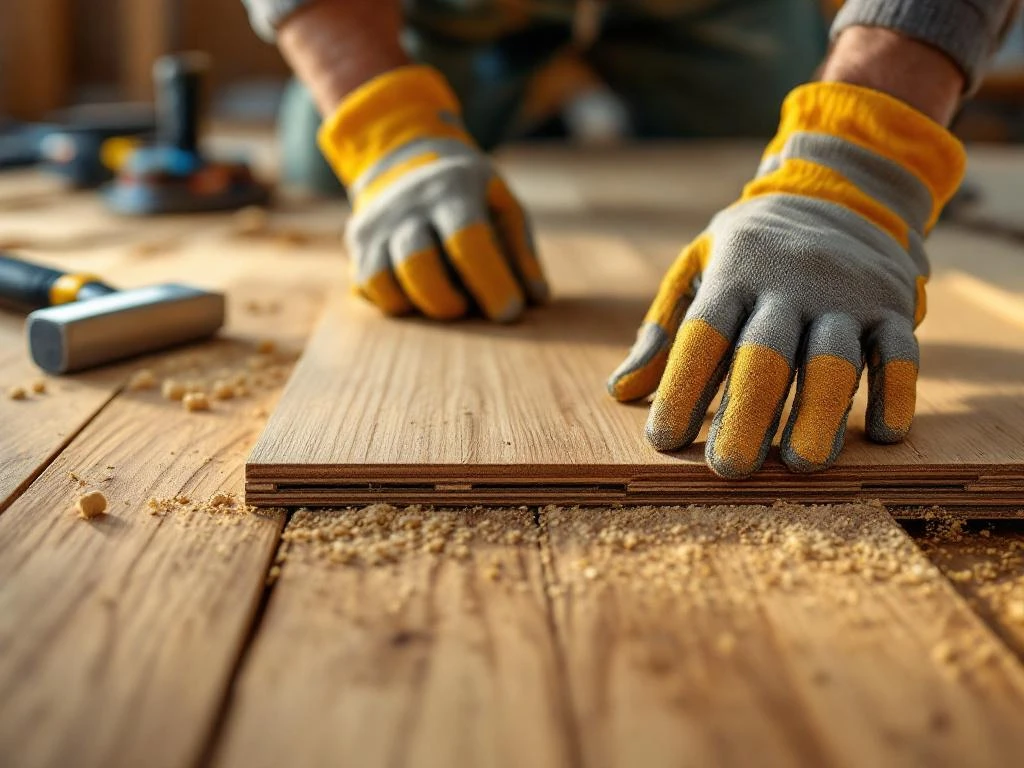 Handen met werkhandschoenen installeren eiken vloerplanken met professionele gereedschappen en warme verlichting
