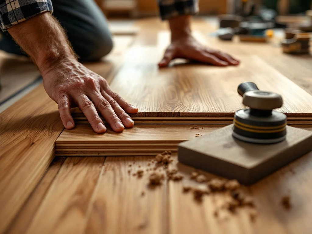 Vakkundige handen installeren eiken houten vloerplanken met professioneel gereedschap tijdens vloerlegging