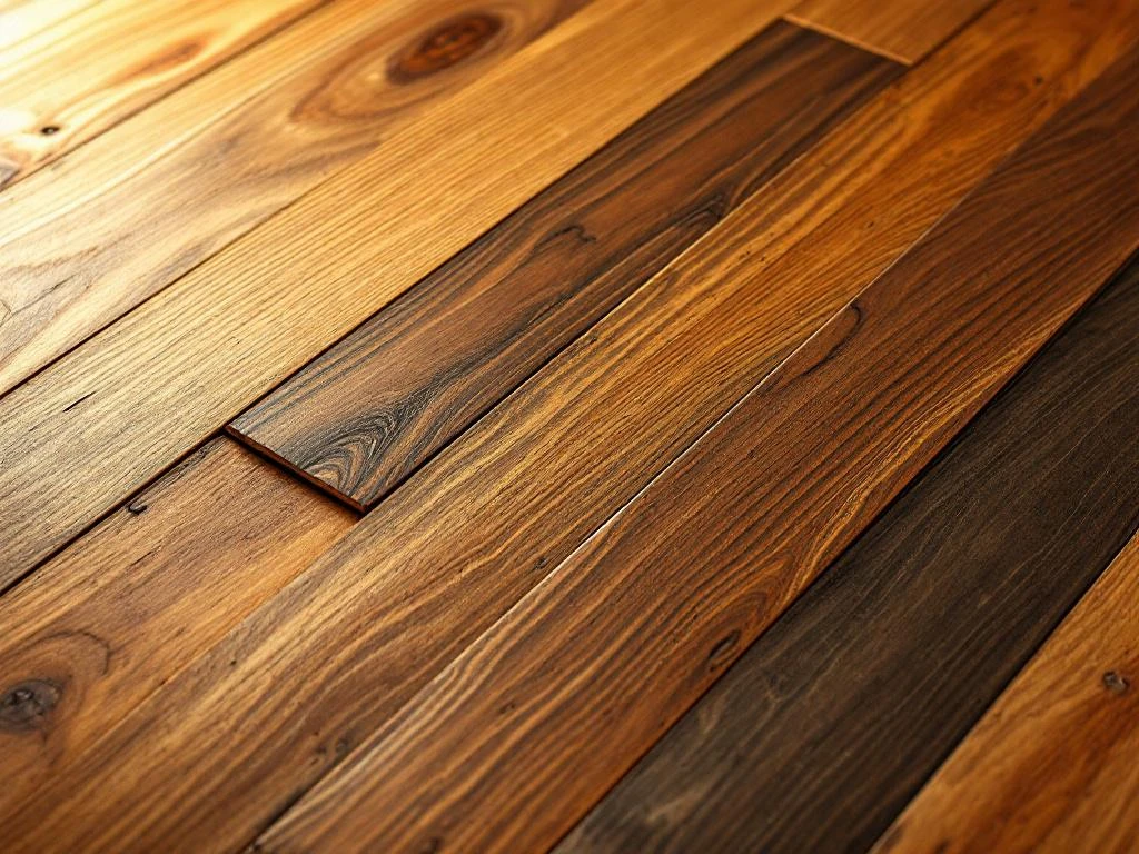 Doorsnede van premium hardhouten vloerplanken met eiken, walnoot en kers in verschillende verweersstadia met natuurlijke houtnerf