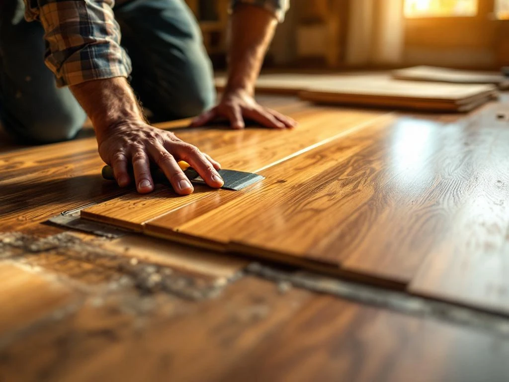 Professionele parketinstallatie met gereedschap, warme houttinten en vakmanschap in close-up detail