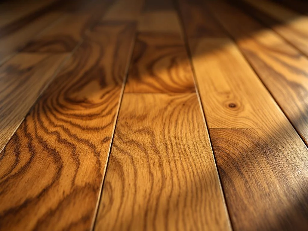 Premium hardhouten vloerplanken met natuurlijke houtnerf en honinggouden tinten in verspreide patroon