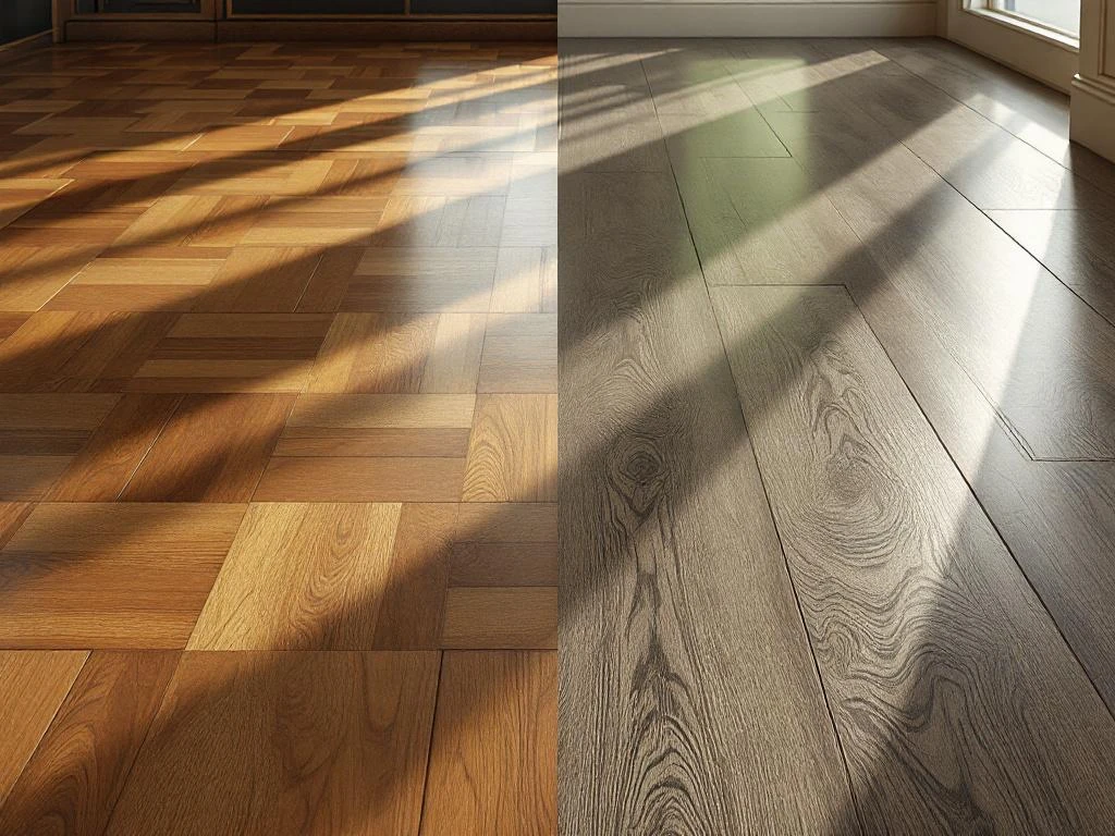 Vergelijking van natuurlijk parket met houtnerf links en moderne laminaatvloer rechts onder professionele verlichting