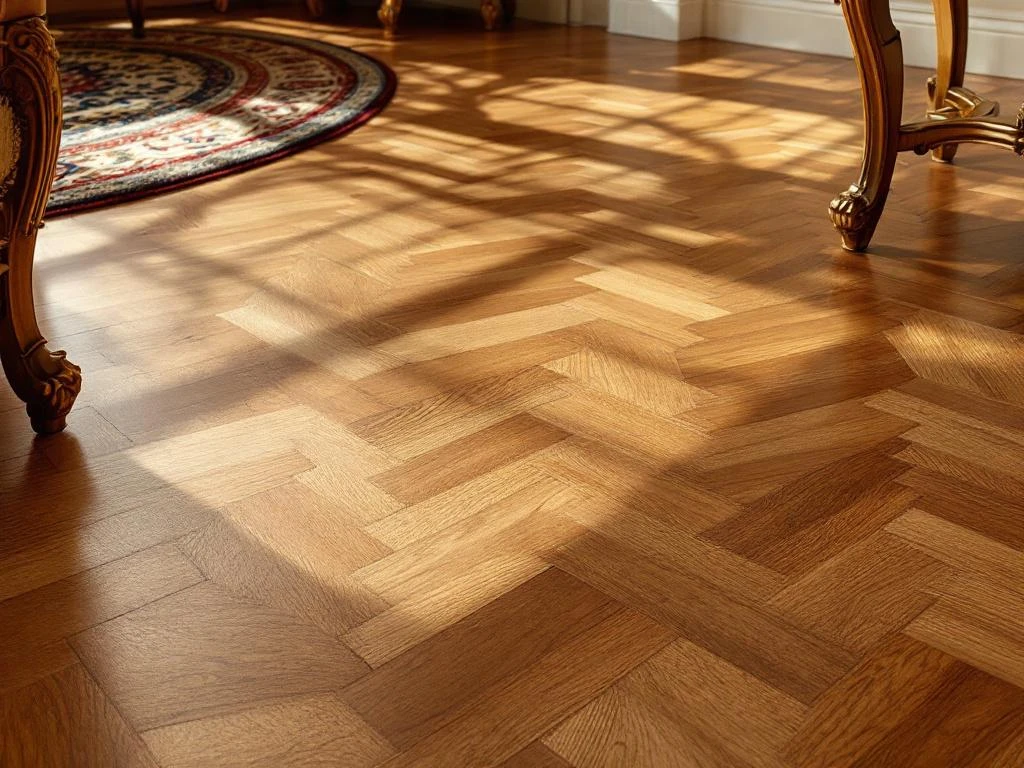 Luxe herringbone parketvloer in eikenhout met Perzisch tapijt en klassiek meubilair in elegante woonkamer
