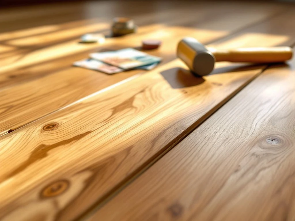 Honingkleurige eikenhouten parketvloer tijdens installatie met professionele gereedschappen en euro bankbiljetten