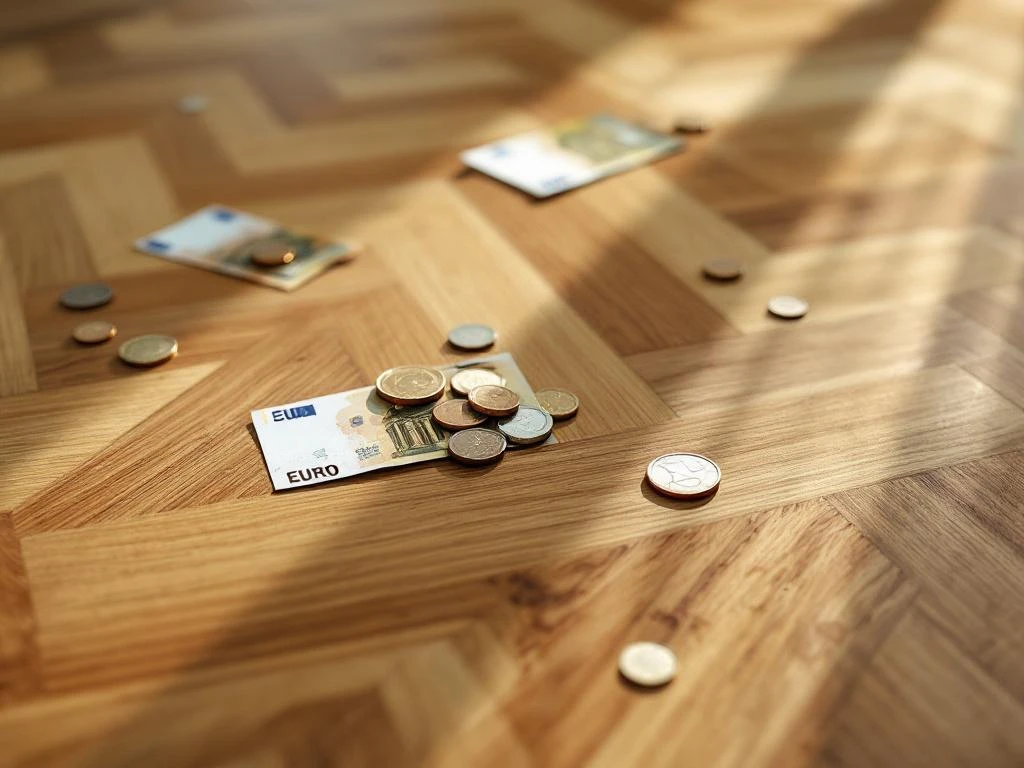 Luxe houten visgraat parketvloer in honing- en amberkleurige tinten met euro geld voor kostenoverwegingen