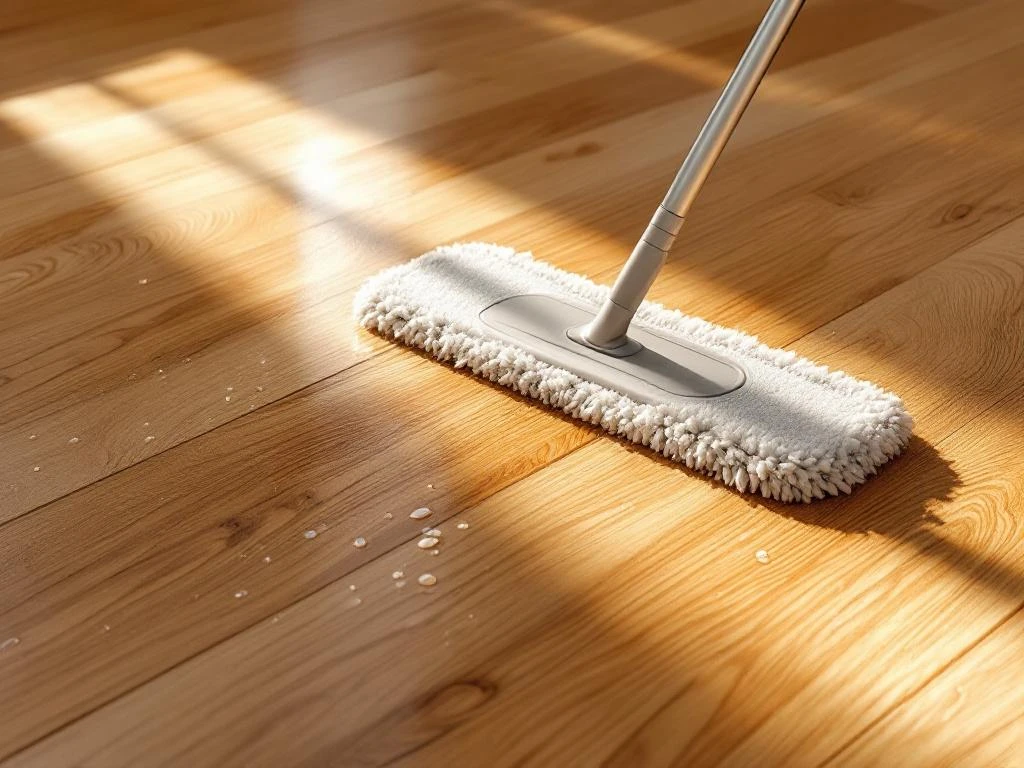 Microfiber dweil op glanzende eiken vloer met natuurlijke houtnerf en waterdruppels in warm natuurlijk licht