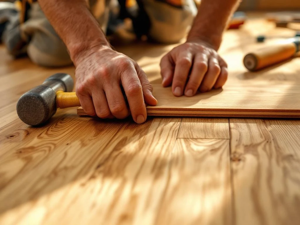 Handen installeren gouden eiken vloerplanken met professioneel gereedschap en precieze vakmanschap