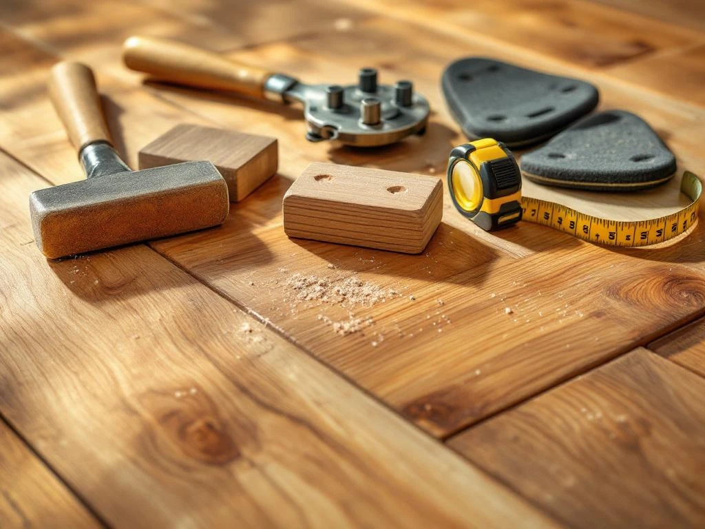 Professionele parketvloer installatie gereedschap inclusief rubberen hamer en meetlint op eiken houten planken