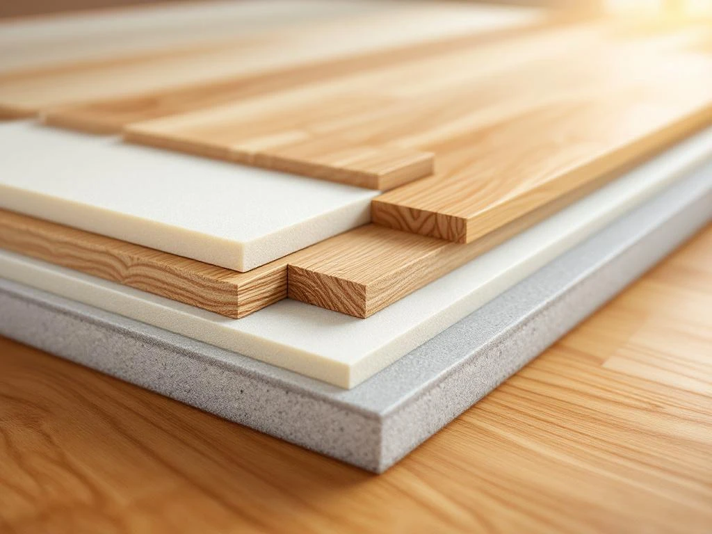 Dwarsdoorsnede van houten vloerinstallatie met eiken planken, ondervloer en vochtbarrière in diagonaal perspectief