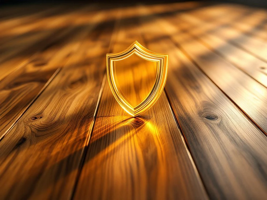Premium houten vloerplanken met natuurlijke houtnerf en beschermingsschild symbool voor garantie