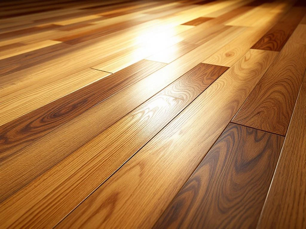 Houten vloerplanken met natuurlijke houtnerf in honinggouden tinten, diagonaal geplaatst met zachte belichting