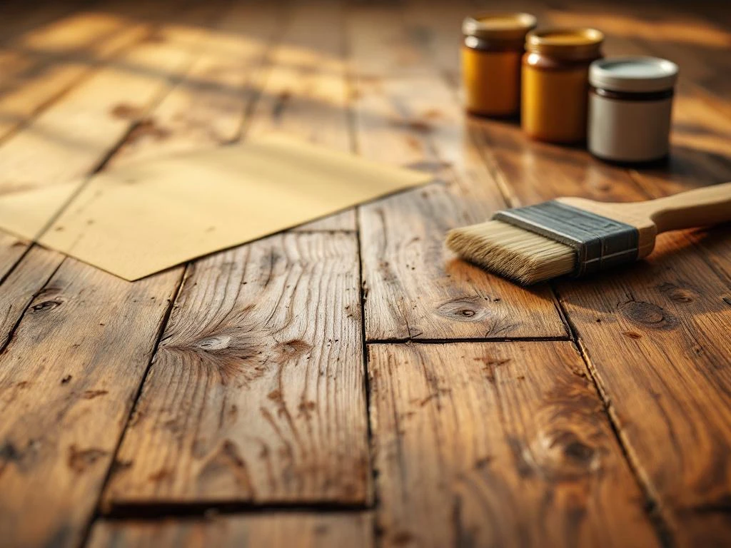 Verweerde houten vloerplanken met schuurgereedschap en vlekken voor vloer renovatie en restauratie