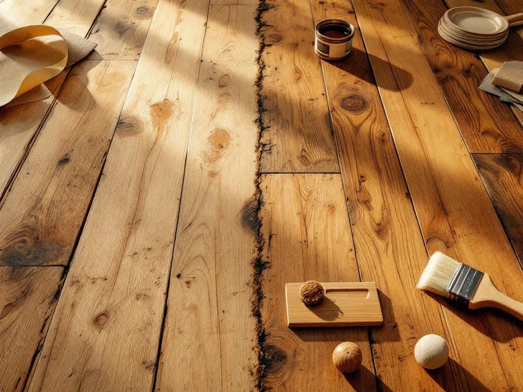 Houten vloerplanken renovatie voor en na vergelijking met gereedschap, van verweerd naar gerestaureerd parket