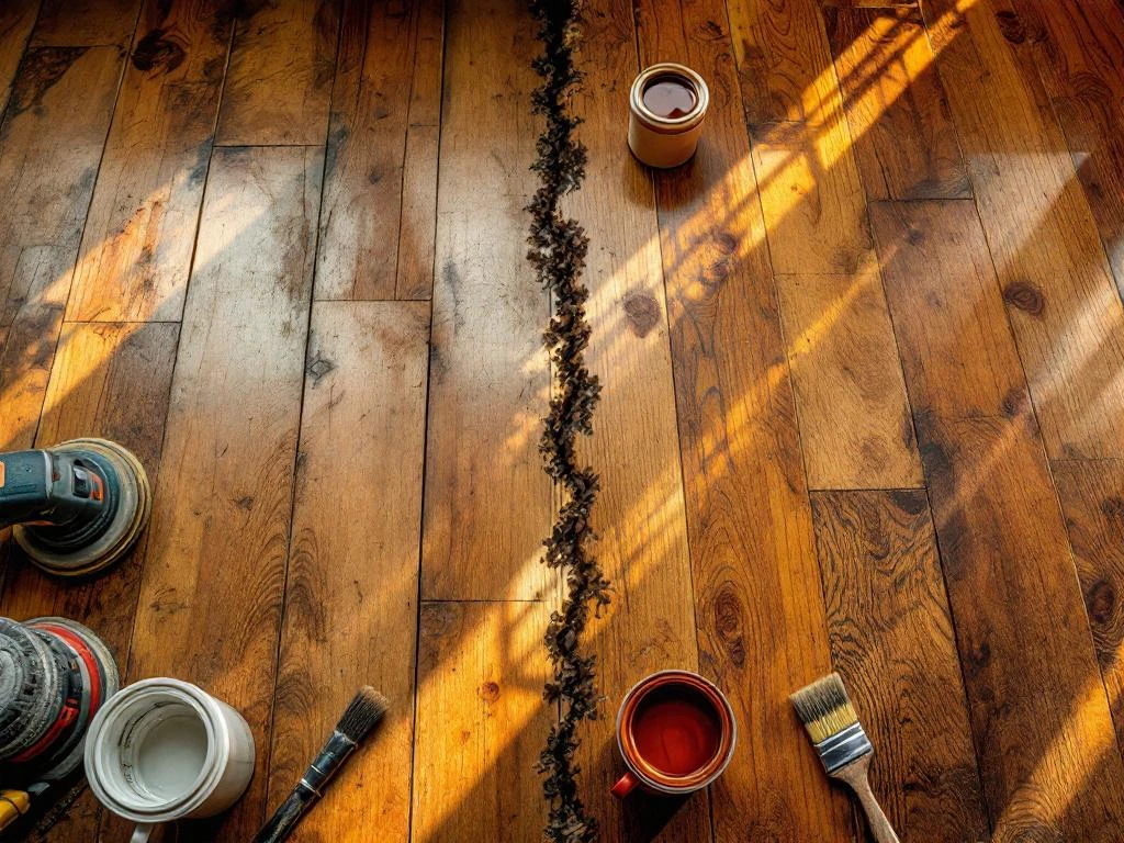 Voor-en-na vergelijking van houten vloerrestauratie met professionele gereedschappen, van versleten naar glanzend parket