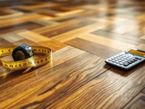 Houten parketvloer in visgraatpatroon met meetlint en rekenmachine voor kostencalculatie