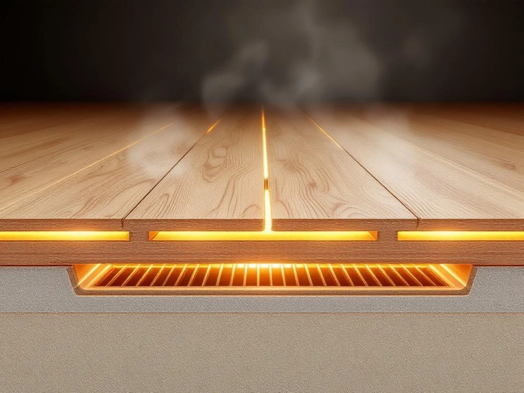 Doorsnede van moderne houten vloer met eiken planken boven vloerverwarming met warme gouden gloed en stoomwolkjes