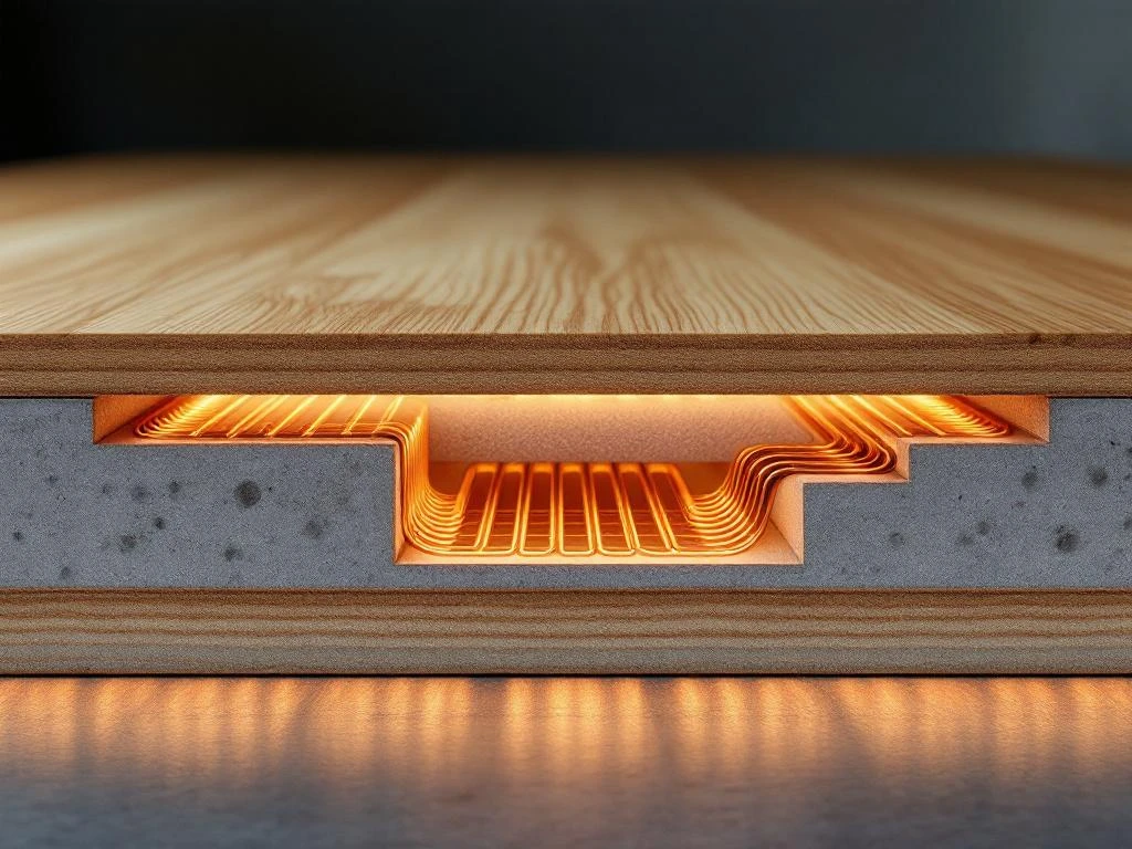 Doorsnede van moderne eiken vloer met vloerverwarming, toont koperen leidingen, isolatie en houten planken