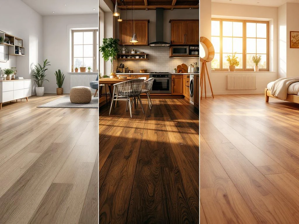 Drie kamers met verschillende houten vloeren: lichte eik in woonkamer, donkere walnoot in keuken, natuurlijke grenen in slaapkamer