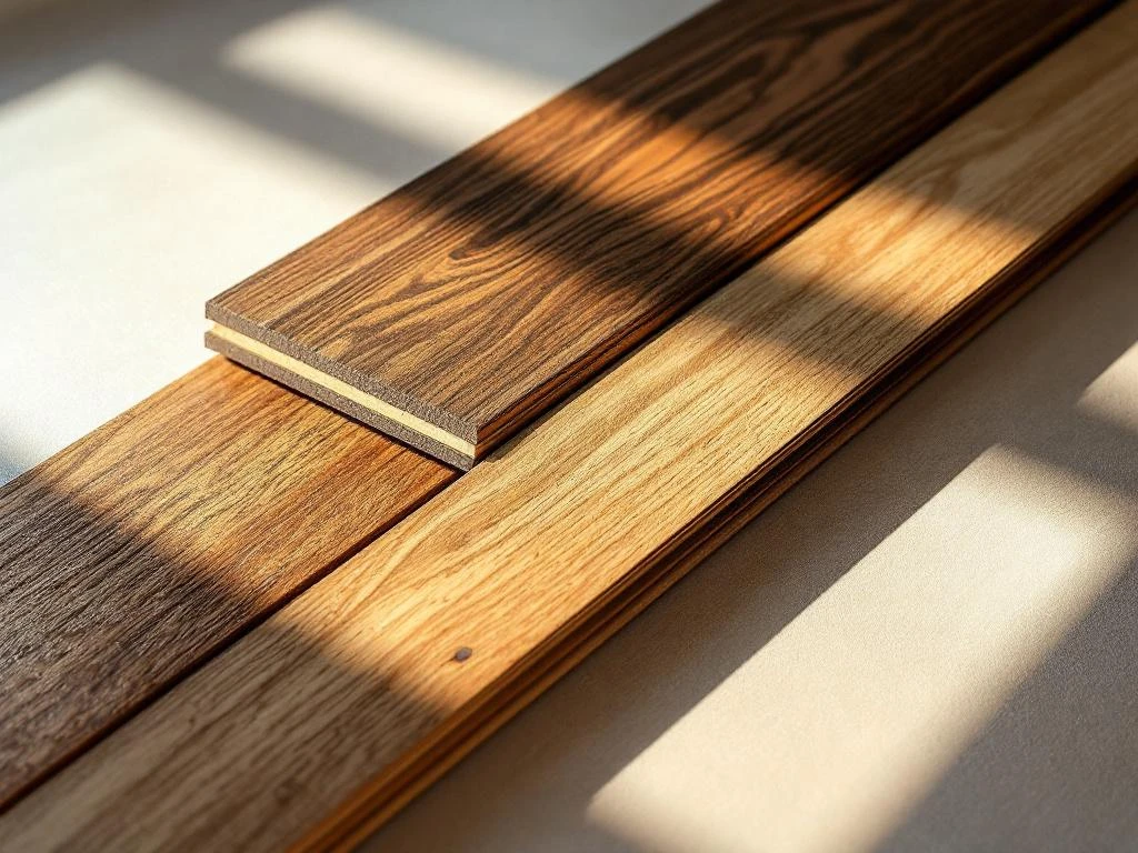 Drie houten vloerplanken monsters van eiken, walnoot en esdoorn op witte ondergrond met natuurlijke verlichting