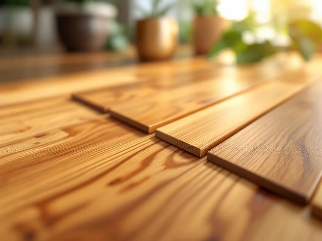 Houten vloerplanken met natuurlijke houtnerf in warme honingbruine tinten, diagonaal gerangschikt met planten op achtergrond
