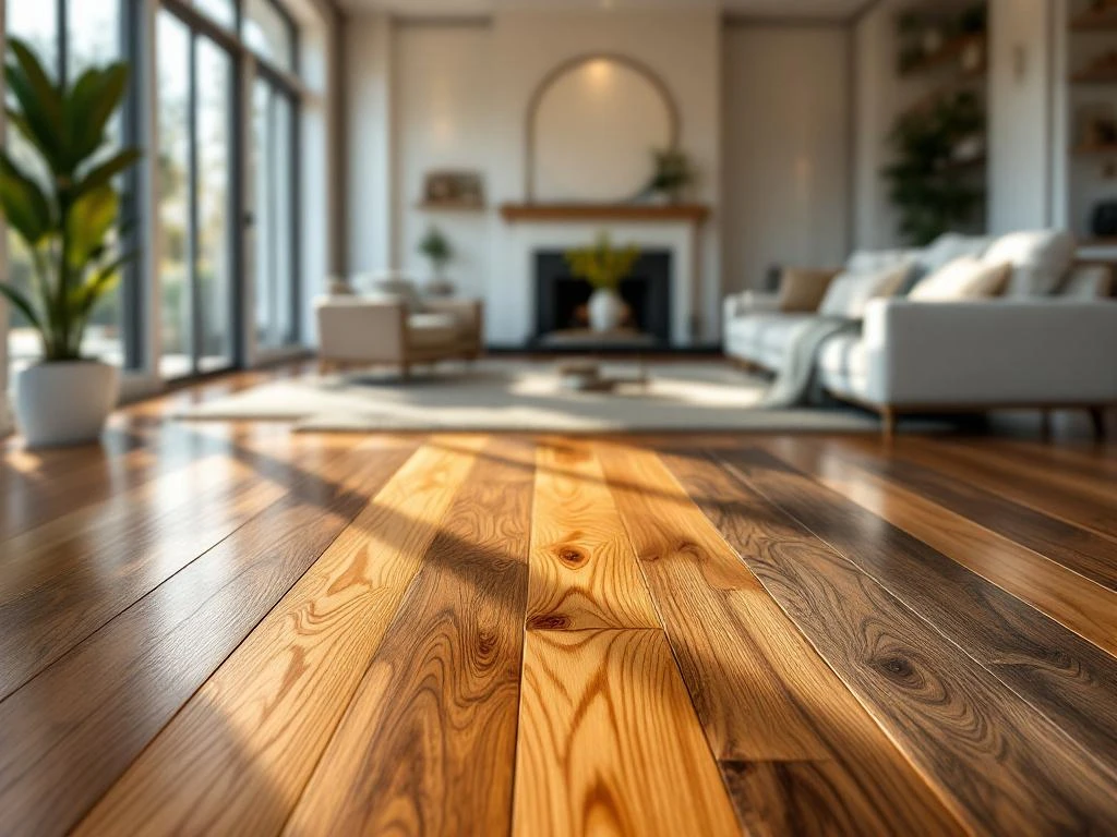 Drie houten vloerstalen - eiken, honing-tint en walnoot - in moderne woonkamer met natuurlijk zonlicht