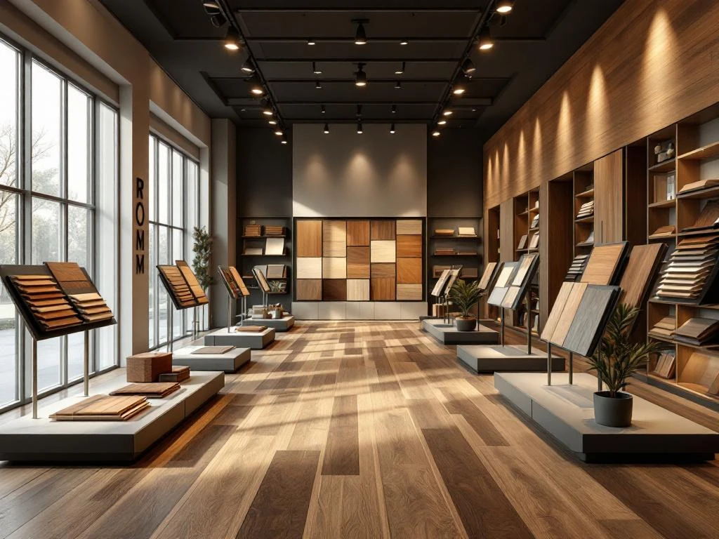 Elegante houten vloer showroom met honing en walnotentinten, moderne displays en natuurlijk licht door grote ramen