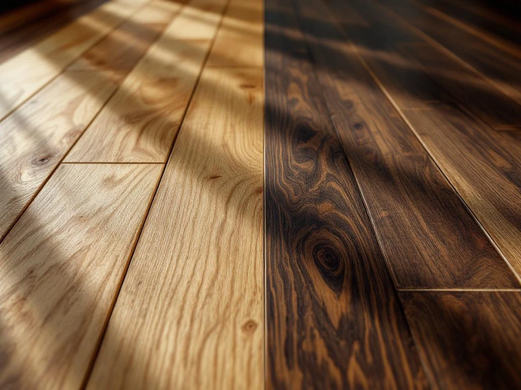 Vergelijking van twee houten vloeren: brede eiken planken links, smalle donkere walnotenstroken rechts