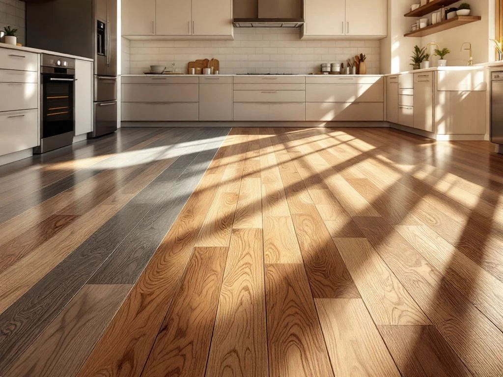 Keuken met drie vloertypen naast elkaar: hardhouten planken, moderne tegels en vinyl met houtlook, verlicht door natuurlijk licht