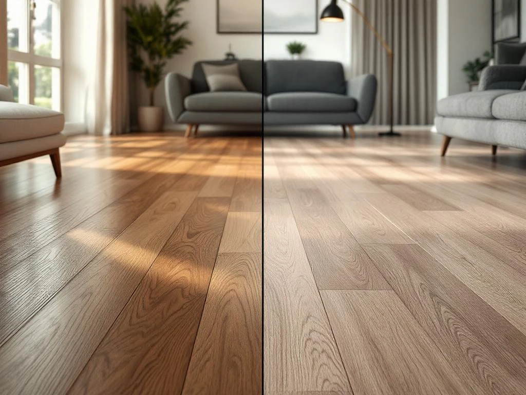 Vergelijking van laminaat- en PVC-vloeren in moderne woonkamer met natuurlijk licht en meubilair