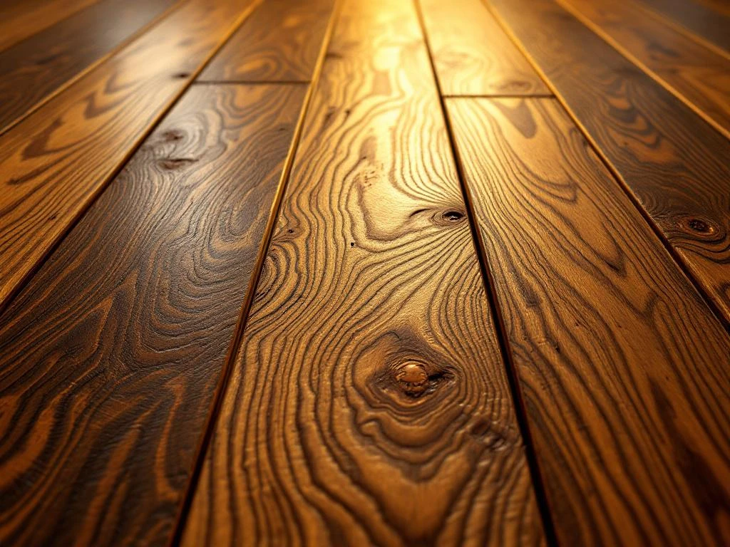 Luxe houten vloer met rijke gouden houtnerf patronen en warme dramatische verlichting die premium vakmanschap toont
