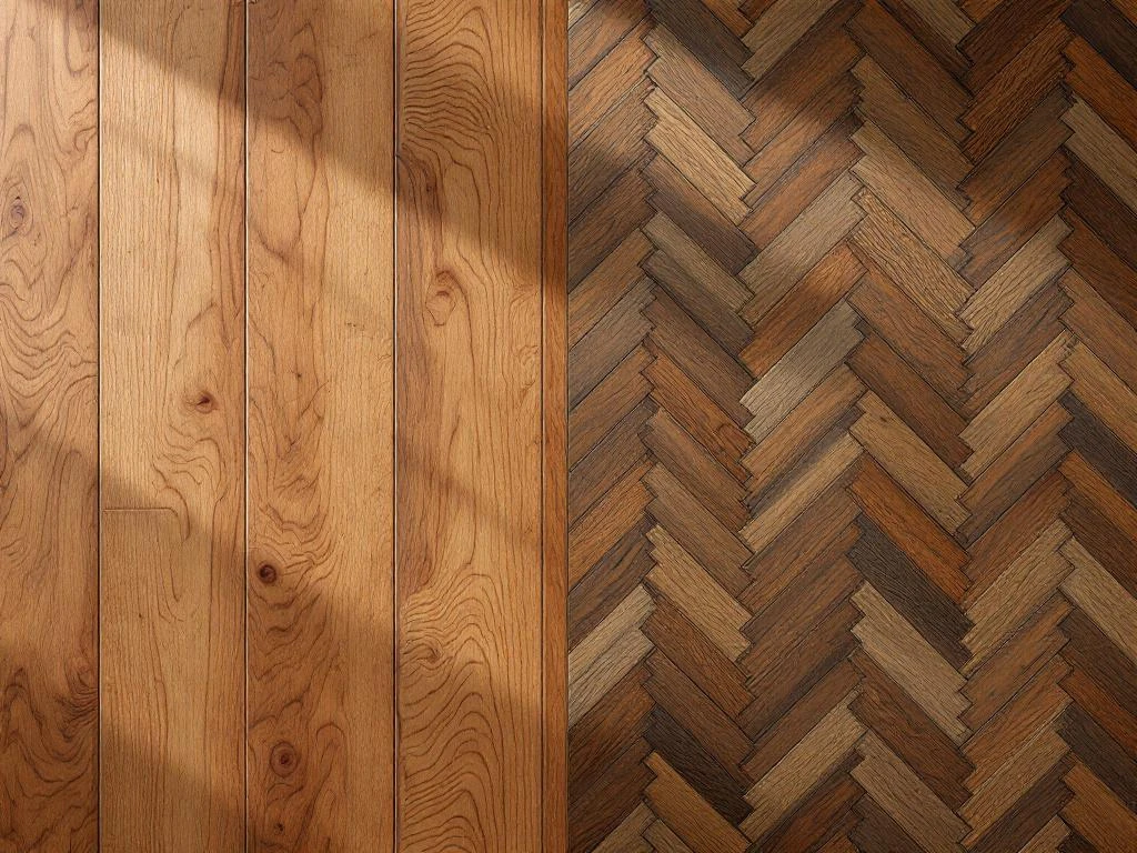 Vergelijking van massief eiken plankenvloer met honingkleurige nerven en donkere walnoot parketvloer in visgraatpatroon