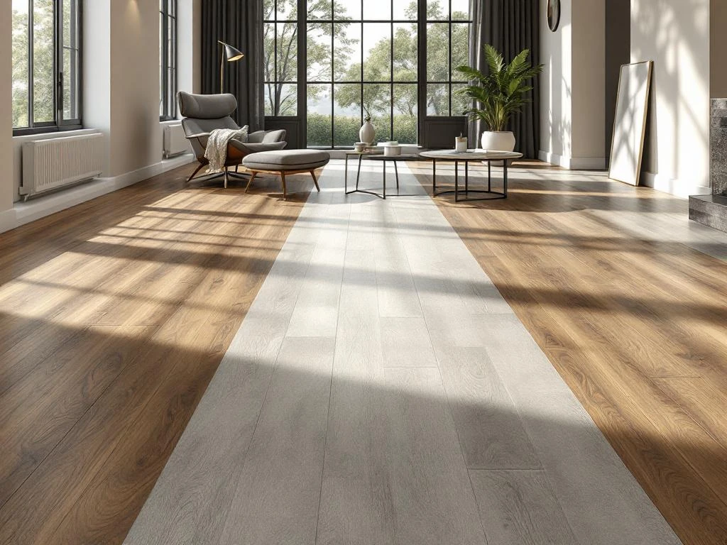 Moderne vloermaterialen: donker eiken, lichtgrijze laminaat en luxe vinyl tegels met designmeubels in natuurlijk licht