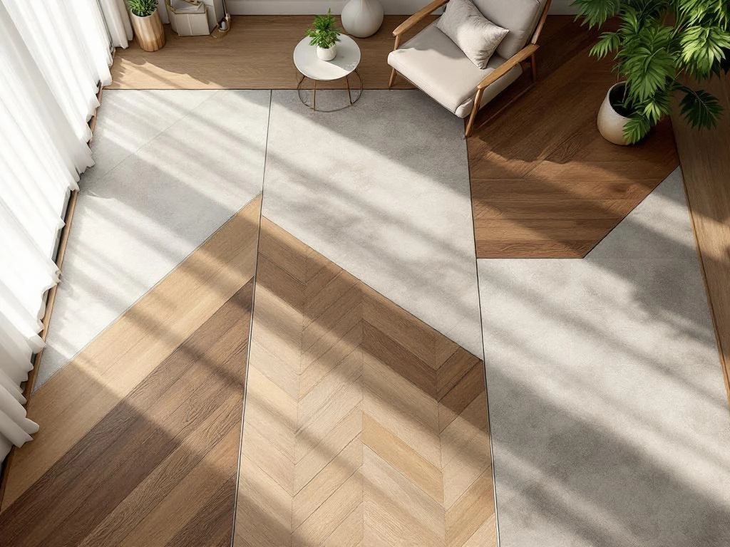 Vogelperspectief van moderne woonruimte met vijf verschillende vloerpatronen: herringbone, beton-look, chevron, hexagon en hout