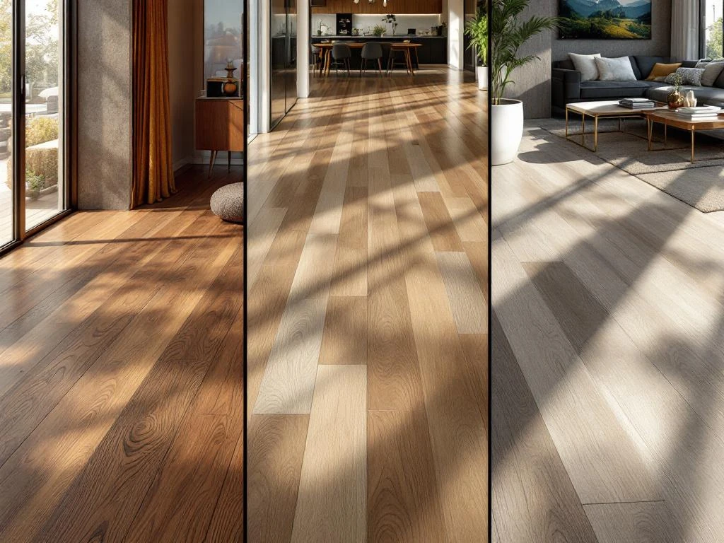 Drie premium vloertypes in moderne woonkamer: hardhout, luxe vinyl en laminaat met natuurlijk zonlicht