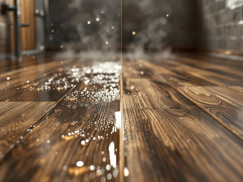 Vergelijking van PVC-planken en laminaatvloer in vochtige badkamer, met waterdruppels en stoom zichtbaar