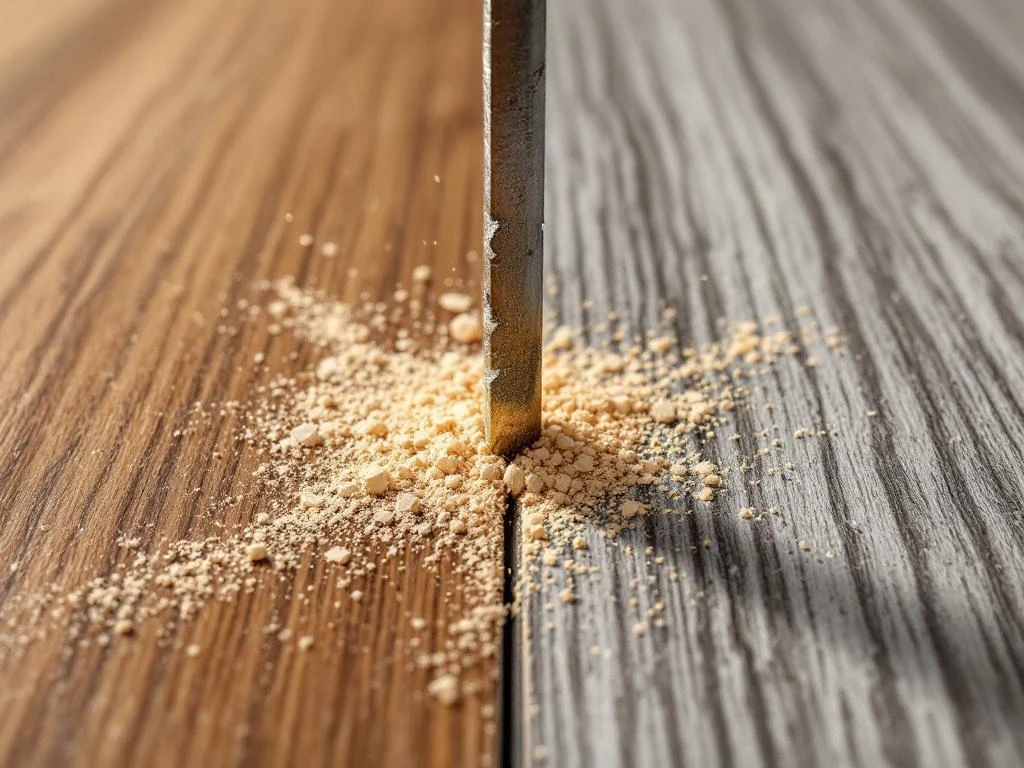 Vergelijking van PVC- en laminaatvloer met krassen van sleutel, toont duurzaamheid en textuurverschillen