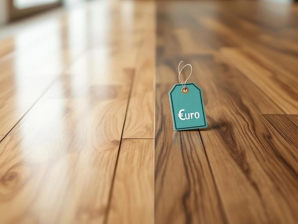PVC planken versus laminaat vloeren vergelijking met prijssymbolen en textuurdetails in warme houttinten