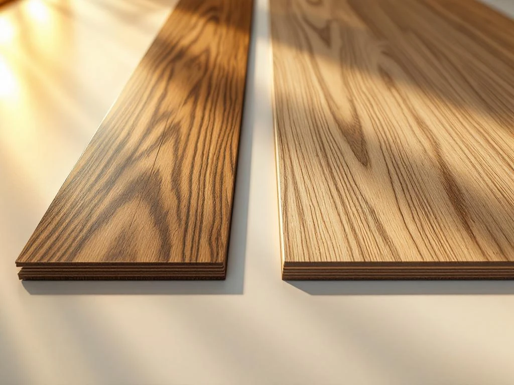 Twee vloermonsters zij aan zij: glanzende PVC plank links, matte laminaat rechts, beide met houtnerf textuur