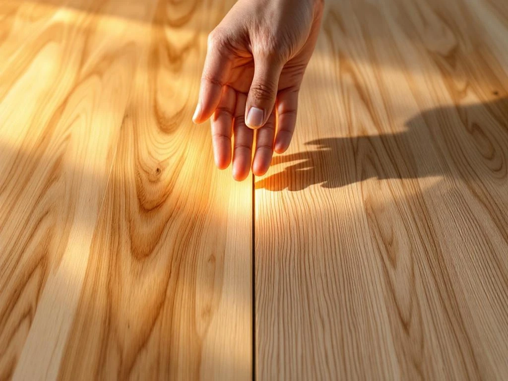 Hand vergelijkt glanzende PVC plankenvloer met matte laminaatvloer in split-screen compositie met warme studiobelichting