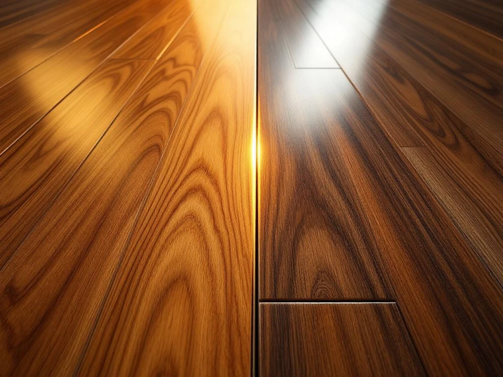 Vergelijking van glanzende PVC-planken en laminaatvloer met houtstructuur, diagonaal verdeeld onder professionele verlichting