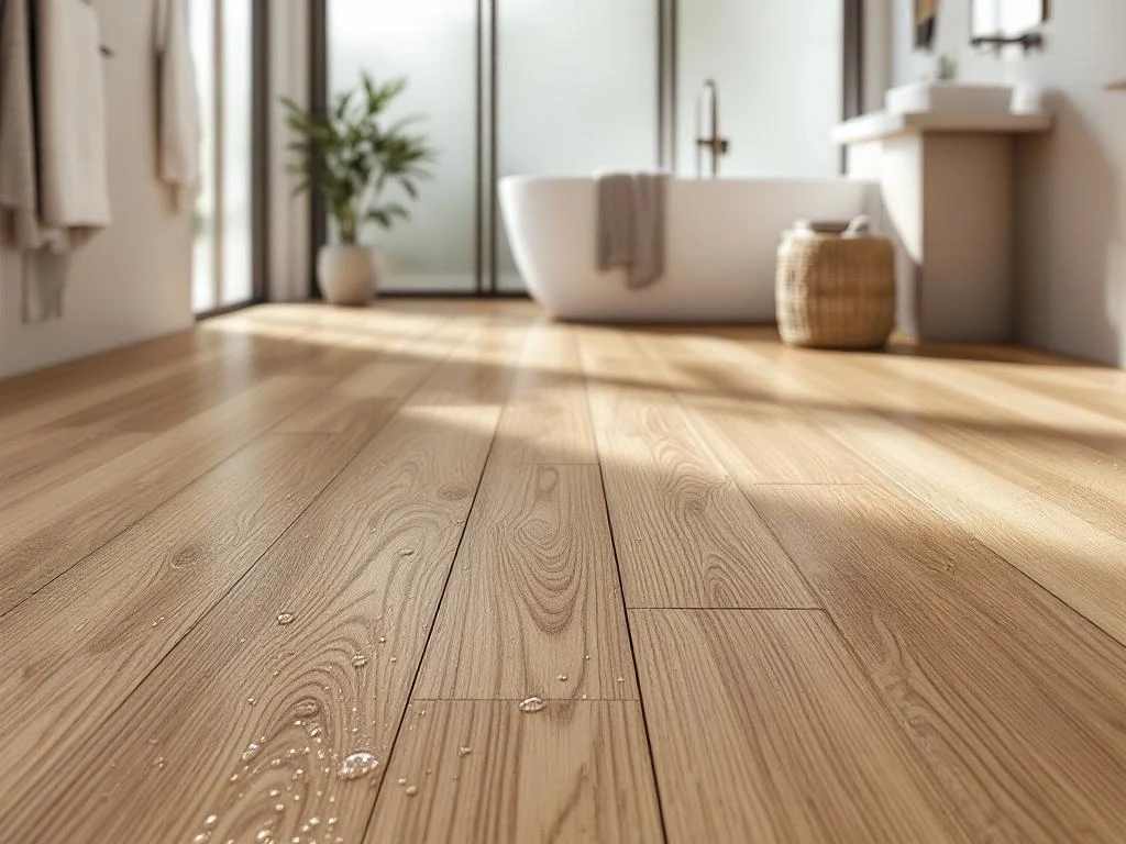 Moderne badkamer met waterbestendige PVC vloer in houtlook, witte badkuip en minimalistische inrichting