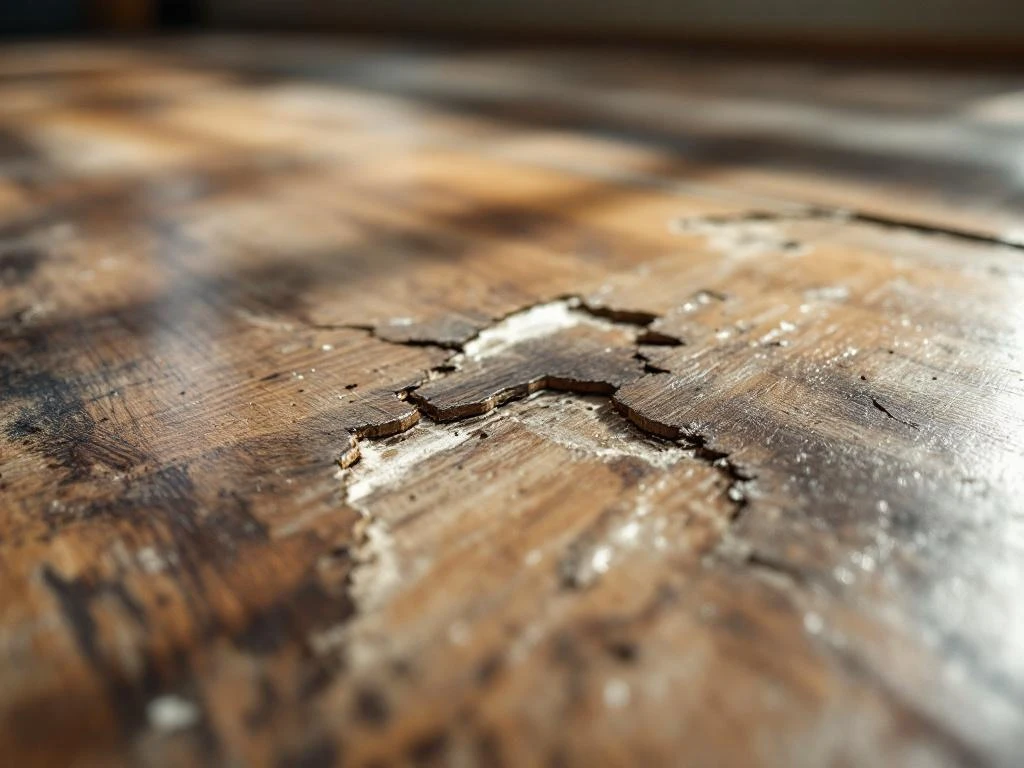 Beschadigde PVC vloerplank met krassen, slijtageplekken en opgetilde randen in huiselijke setting